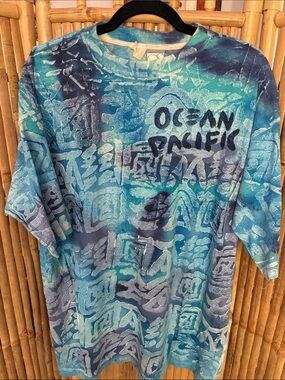 OP Ocean Pacific Aqua & Navy Tie-Dye Graphic Short Sleeve Tee